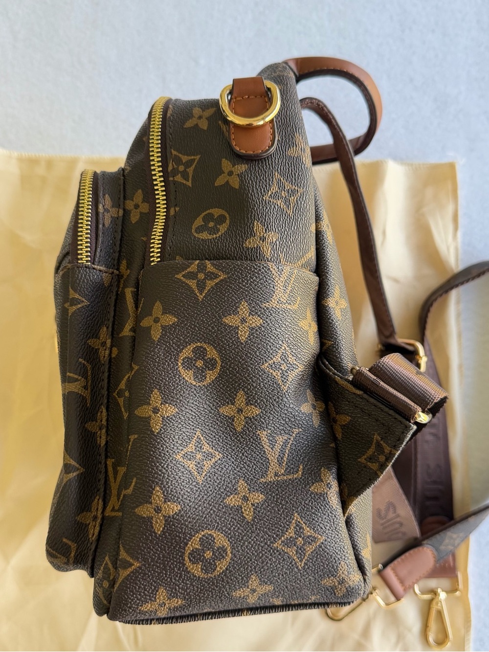 Brown Fashion Multi Pocket Mini
Backpack with Gold Hardware and Faux leather - Picture 4 of 8